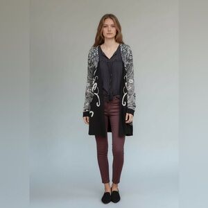 Anthropologie HWR Boho Emma Embroidered Open Front Blue Wool Cardigan S